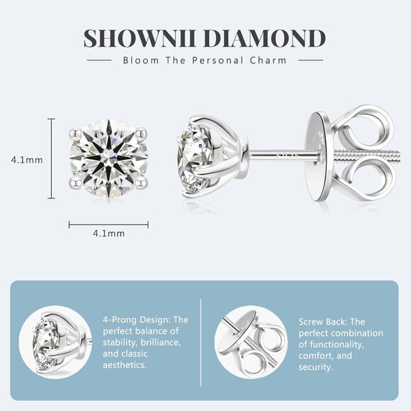 Diamond 4-Prong Lab-Grown Diamond Stud Earrings for Women 0.5CT 1CT 14K Gold Pla - Picture 3 of 7